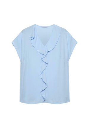 Lichtblauw blouseje met korte mouwen, een V-hals en een gerimpeld detail aan de voorkant. Zachte stof met een gladde textuur, casual ontwerp.