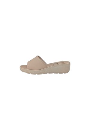 Sandalo beige con punta aperta, suola imbottita e tacco a zeppa basso, progettato per un uso casual.