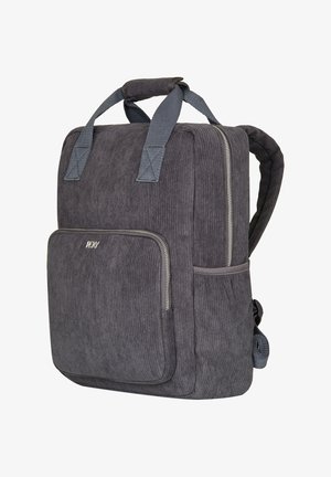 Dunkelgrauer Cordura-Rucksack mit verstellbaren Tragriemen, einem oberen Griff, einer vorderen Reißverschlusstasche und strukturierten Stoffdetails.