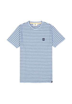 Blau gestreift T-Shirt aus Baumwolle, mit navyblauen horizontalen Streifen, rundem Ausschnitt, kurzen Ärmeln und einem kleinen Logo-Patch auf der Brust.