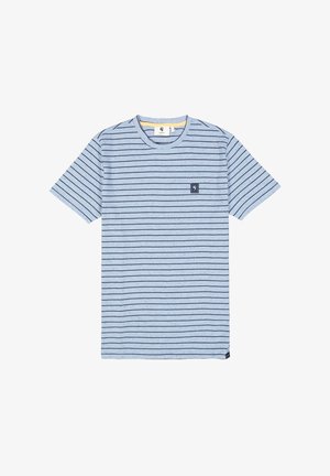 Blauw gestreepte T-shirt gemaakt van katoen, met marineblauwe horizontale strepen, een ronde hals, korte mouwen en een klein logo-opdracht op de borst.