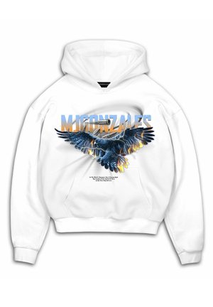 Weißer Kapuzenpullover mit einer großen Grafik eines Adlers, der detaillierte, mehrfarbige Federn hat, und Text darunter, der ein einzigartiges Design präsentiert.