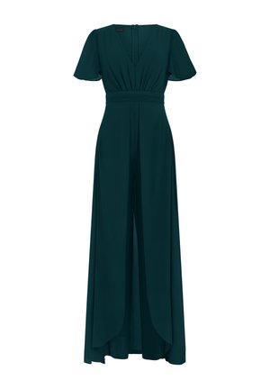 Mono verde oscuro con mangas cortas abullonadas, escote en V, cintura ceñida y pantalones con sobreposición de pierna ancha.