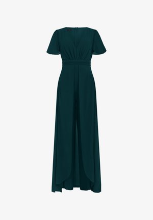 Mono verde oscuro con mangas cortas abullonadas, escote en V, cintura ceñida y pantalones con sobreposición de pierna ancha.