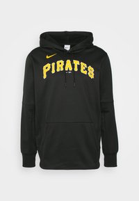 Felpa nera con cappuccio realizzata in un tessuto dalla texture liscia. Presenta una grande scritta gialla "PIRATES" e un piccolo logo Nike sul davanti.