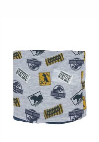 Tessuto grigio con stampa di dinosauri e avvisi, caratterizzato da loghi "Jurassic World", accenti a strisce gialle e nere e un mix di texture.