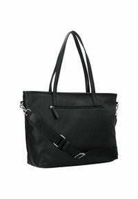 Sac fourre-tout en cuir noir avec une surface texturée, des poignées doubles et une bandoulière amovible. Dispose d'une poche zippée à l'avant.