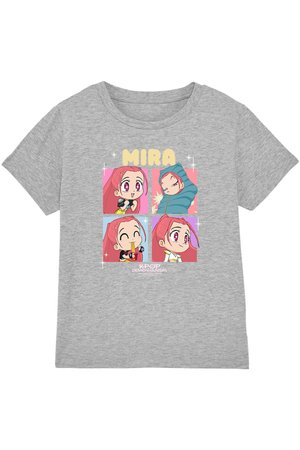 Gray t-shirt with four colorful anime-style character illustrations of a girl named Mira showing varied expressions and the text "KPOP Demon Hunters."