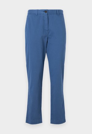 Blue cotton trousers featuring a straight cut, button closure, and two side pockets. Smooth texture with a clean, minimal design.