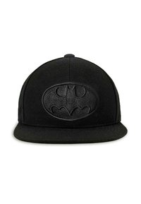 Black cap with a flat visor, featuring a raised black embossed Batman logo on the front, made from a textured fabric.