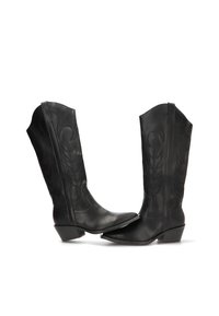 Botas de vaquero de cuero negro con puntas afiladas, cañas altas y patrones de costura intrincados. Los tacones cuadrados ofrecen un soporte estable.