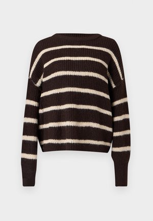 Pulover tricotat cu un guler rotund, având dungi îndrăznețe de culoare maron închis și crem. Design scurt cu manșete și tiv ribotat.