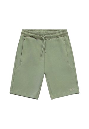 Groene sportbroekjes gemaakt van zacht materiaal, met een elastische tailleband met trekkoord, twee zijzakken en minimale tekstdetails.