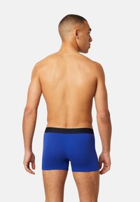 Blue cotton boxer shorts with a black waistband, featuring a smooth texture and fitted design. Viewed from the back, showing minimal coverage.