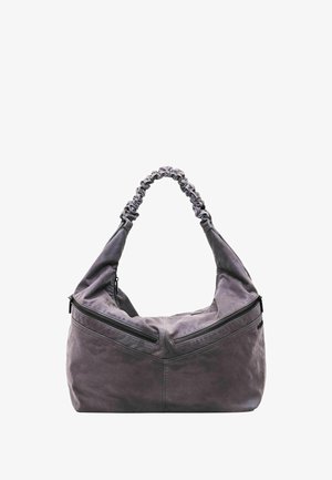 Hallhalli hall nahkainen õlakott koos rüüsitud käepidemega ja kahe esise zipitud taskuga, esitatud valgel taustal.