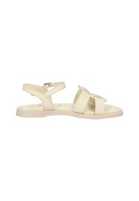 Sandale pour femmes beige clair en cuir lisse avec deux larges brides et une bride de cheville ajustable. Semelle plate avec une texture subtile.