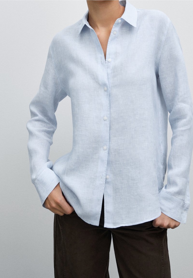 Femme portant une chemise bleu clair à boutons à manches longues et un pantalon marron foncé, la main dans la poche, posant devant un fond uni.