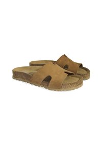 Sandales à glissière en suède marron avec un footbed en liège contourné, présentant deux larges sangles superposées et une semelle en caoutchouc texturée.