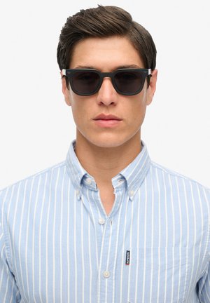 Black sunglasses with round lenses, matte finish, and contrasting temple accents. Worn with a light blue striped button-up shirt.
