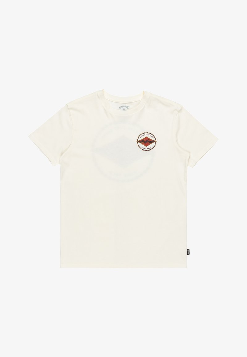 Cremfarbene Baumwoll-T-Shirt mit einem Front-Graphic, das ein rotes Berglogo und kreisförmigen Text zeigt, kurzen Ärmeln und einem klassischen Rundhalsausschnitt.