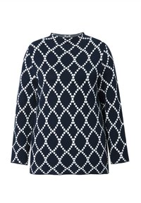Maglia a maniche lunghe blu navy con un motivo a diamante bianco. Collo tondo e tessuto testurizzato con un design a maglia uniforme.