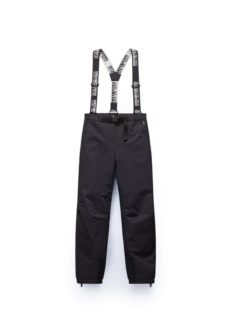 Pantalones impermeables negros con tirantes ajustables que presentan un patrón de logo. La cintura incluye un cinturón seguro y tobillos con cremallera.