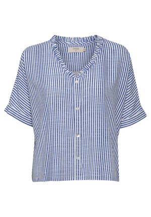 Chemise à manches courtes rayée bleu et blanche avec un col en V et une fermeture à boutons, présentant une coupe décontractée et une texture de tissu légère.