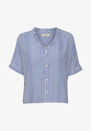 Kék és fehér csíkos rövidujjú ing V-nyakkal és gombos záródással, laza fazonú és könnyű anyagból készült.