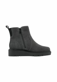 Harmaa mokkanahkainen nilkkuri, jossa on litteä musta kumipohja, sivuzzipperi ja joustavat yksityiskohdat helppoa pukemista varten. Sileä pinta vahvistetulla tikkauksella.