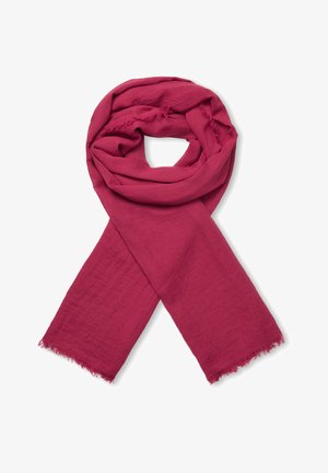 Blød, dyb pink rektangulær tørklæde med flosset kant, løst bundet med krydsede ender på en hvid baggrund.