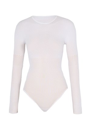 Weißer, langärmeliger Mesh-Body mit rundem Ausschnitt und figurbetonter Silhouette vor einfarbigem Hintergrund.