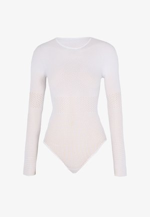 Weißer, langärmeliger Mesh-Body mit rundem Ausschnitt und figurbetonter Silhouette vor einfarbigem Hintergrund.