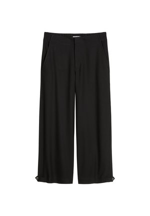 Black wide-leg trousers made of a smooth fabric, featuring two side pockets and cuffed hems with button accents.