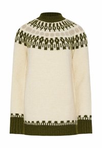 Cremfarbener gestrickter Pullover mit einem grünen gemusterten Einsatz, gerippten grünen Bündchen und Saum. Verfügt über einen runden Ausschnitt und lange Ärmel.