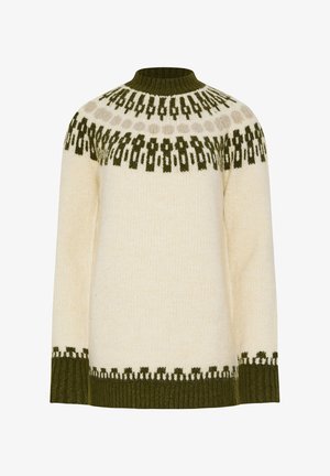 Suéter de punto color crema con un yugo de patrón verde, puños y dobladillo acanalados en verde. Presenta un cuello redondo y mangas largas.