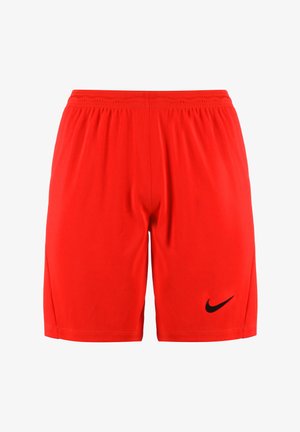 Rote Sportshorts aus leichtem Material, mit einem elastischen Taillenbund und einem schwarzen Nike-Logo auf der unteren linken Seite.