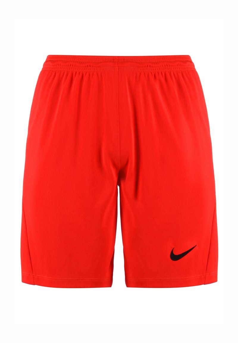 Shorts de sport rouges en tissu léger, dotés d'une taille élastique et d'un logo Nike noir en bas à gauche.