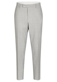 Lichtgrijze op maat gemaakte broeken van gestructureerde stof. Voorzien van een platte voorkant, knoopsluiting en een slim fit ontwerp met rechte pijpen.