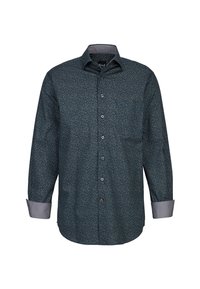 Camicia a maniche lunghe di colore blu scuro con stampa floreale. Presenta un colletto standard, polsini grigi e chiusura frontale con bottoni. Materiale in misto cotone.