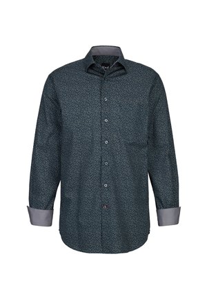 Camicia a maniche lunghe di colore blu scuro con stampa floreale. Presenta un colletto standard, polsini grigi e chiusura frontale con bottoni. Materiale in misto cotone.