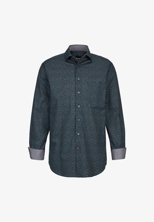Camicia a maniche lunghe di colore blu scuro con stampa floreale. Presenta un colletto standard, polsini grigi e chiusura frontale con bottoni. Materiale in misto cotone.