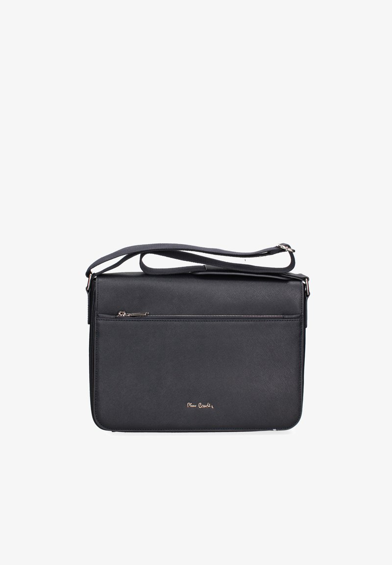 Sac bandoulière rectangulaire noir avec poche zippée à l'avant et bandoulière ajustable, signé d'un petit logo doré près du bas au centre.