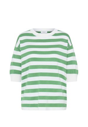 Grün-weiß gestreiftes Kurzarmshirt mit rundem Ausschnitt. Hergestellt aus weichem Stoff, mit lockerem Schnitt und gerippten Bündchen.