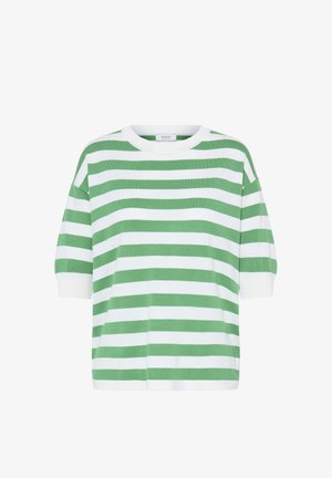 Haut à manches courtes rayé vert et blanc avec un col rond. En tissu doux, il présente une coupe décontractée et des poignets côtelés.