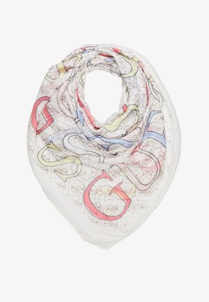 Écharpe blanche avec des lettres surdimensionnées colorées et de petits motifs monogrammes répétés, pliée en forme triangulaire.