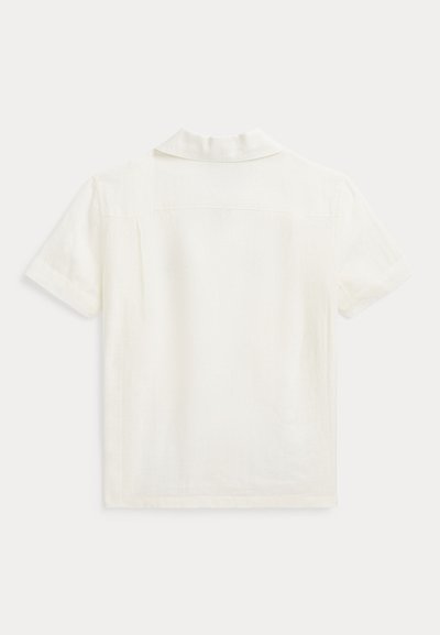 Short-sleeve, collared shirt in cream linen with a textured finish, featuring a straight hem and a back yoke seam for a relaxed fit.