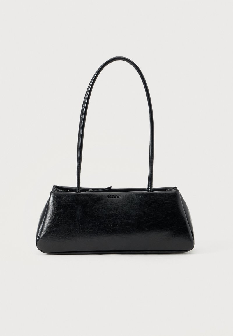 Black rectangular shoulder bag with long thin straps and a smooth, glossy texture on a plain background.