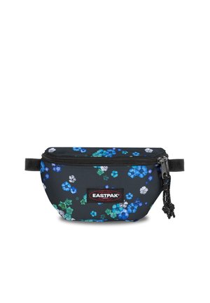 Riñonera Eastpak negra con estampado floral azul, verde y blanco, cierre superior con cremallera y correas laterales ajustables negras.
