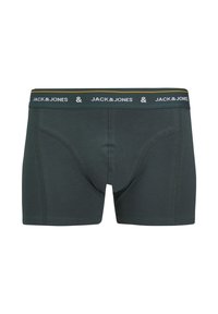 Boxers verts foncés en tissu doux, avec une ceinture contrastante portant le nom de la marque "JACK & JONES" et des accents jaunes.