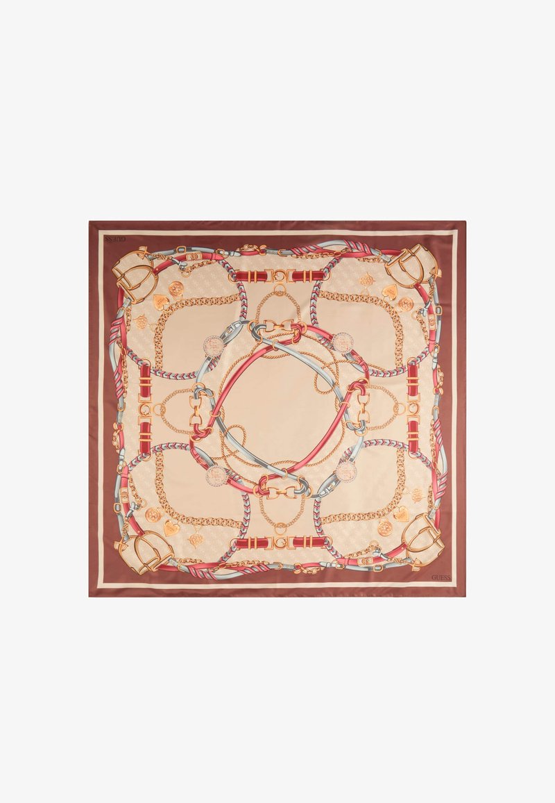 Foulard quadrato di seta con base beige, illustrato con catene rosse e blu, corde e accenti dorati, bordato in bordeaux.